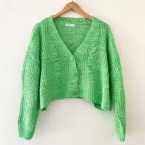 Stradivarius Green Cable Knit Cardigan Cropped - Picture 6 of 7